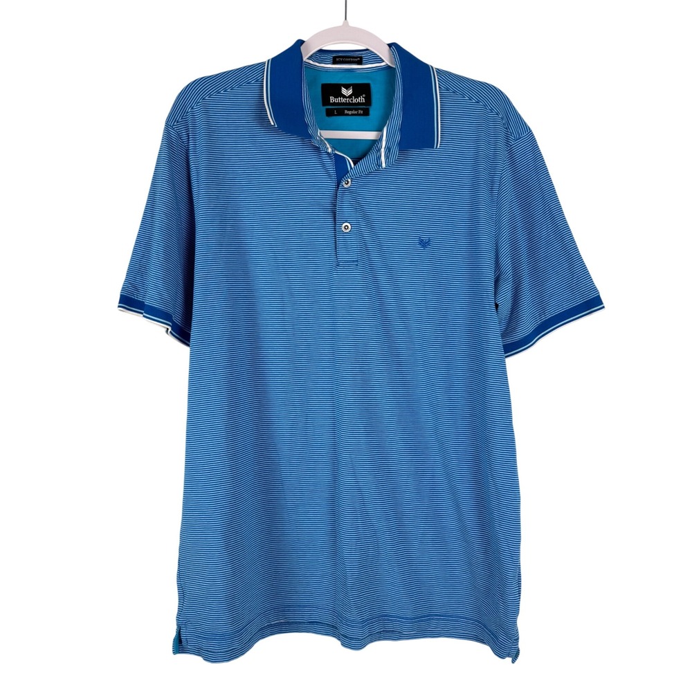 Buttercloth Mens Blue Stripe Icy Cotton Polo Shirt Regular Fit‎ Size Large